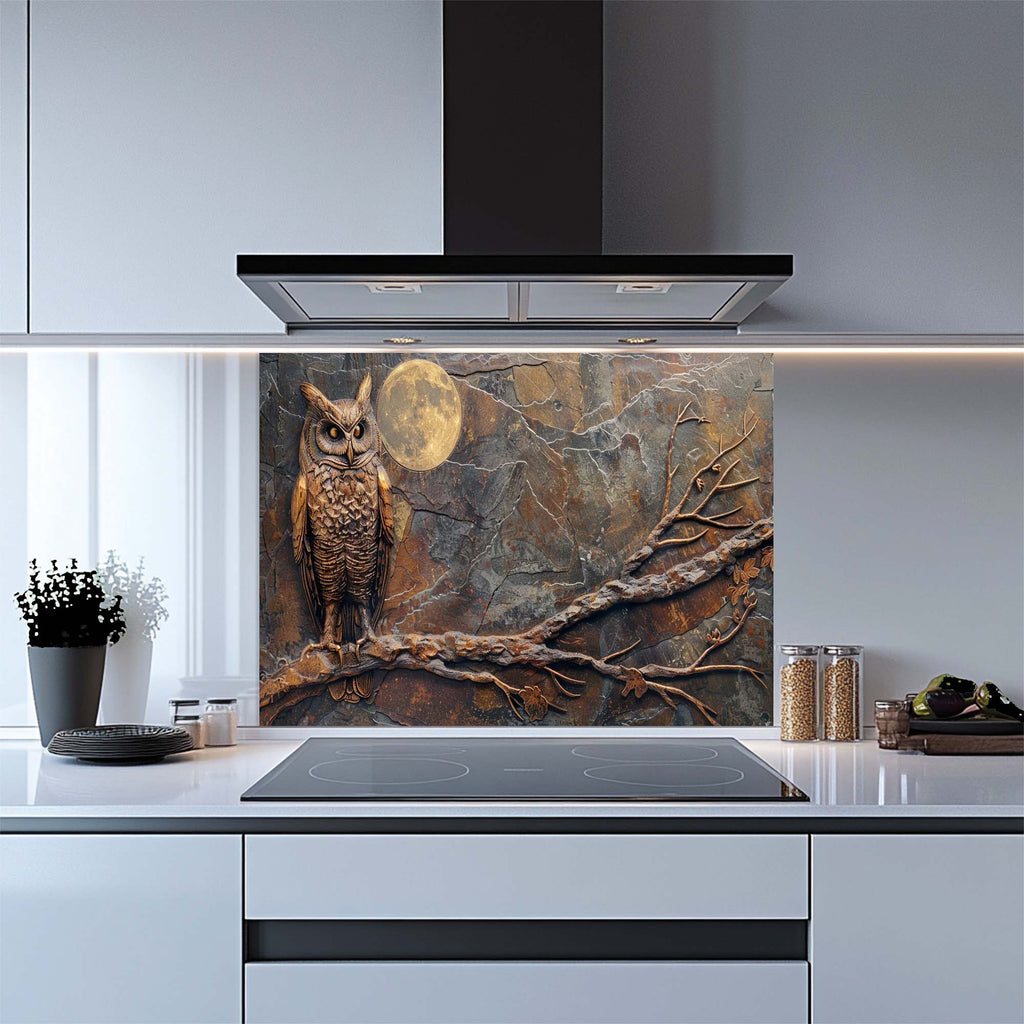 Midnight Owl Watch Tempered Glass Backsplash | Owl and Full Moon Backsplash
