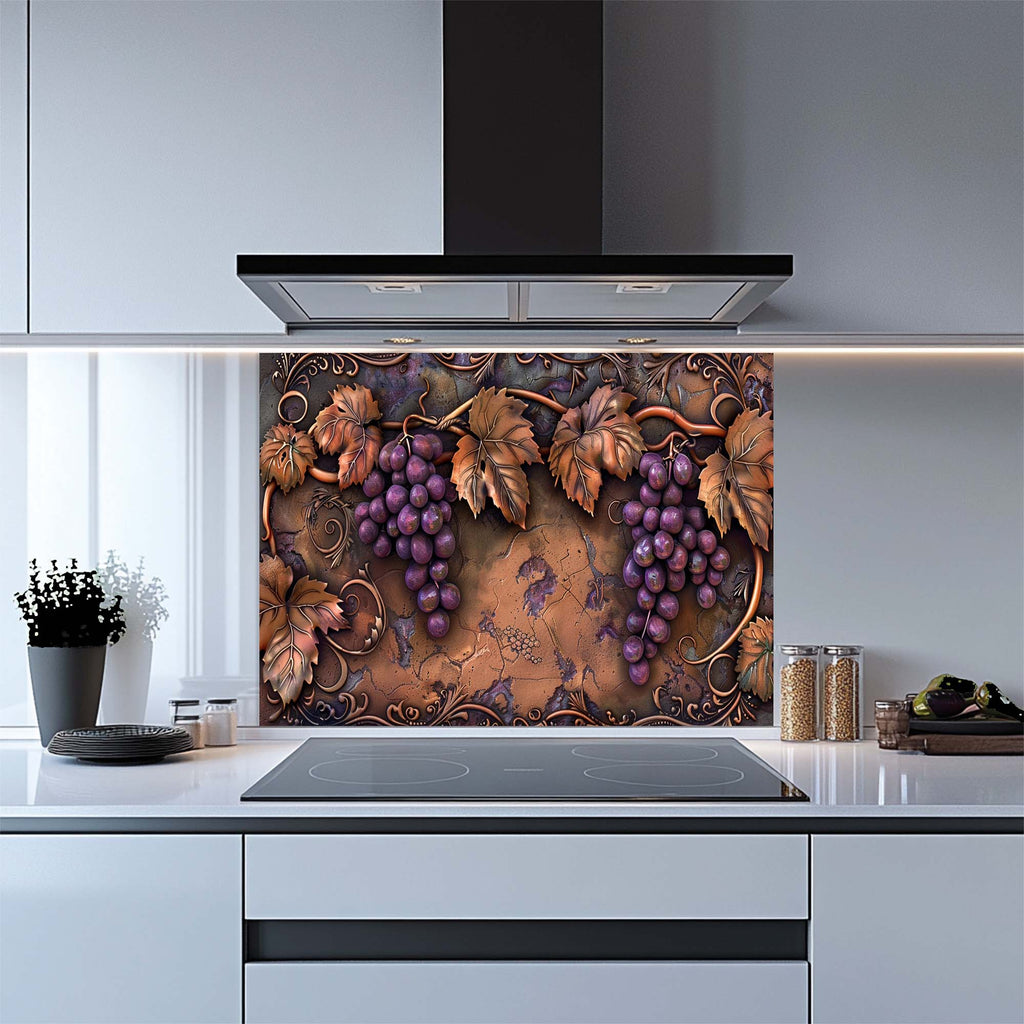 Tuscan Grape – Tempered Glass Backsplash for Kitchen | Copper Look Vineyard Backsplash
