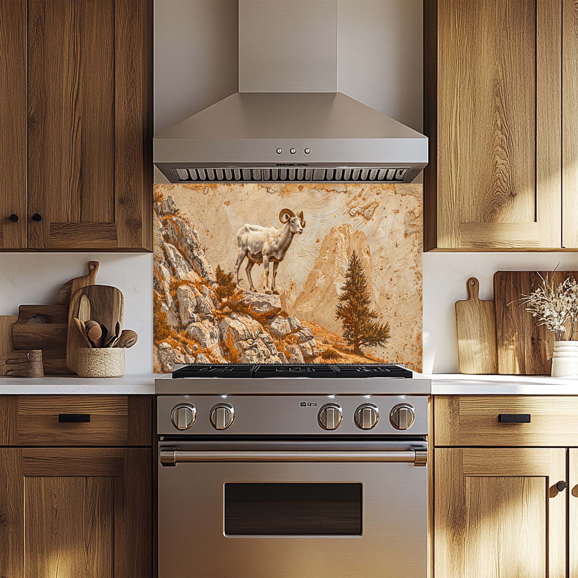 Mountain Pride – Protector contra salpicaduras de vidrio templado para cocina | Protector contra salpicaduras de carnero salvaje en acantilado rocoso
