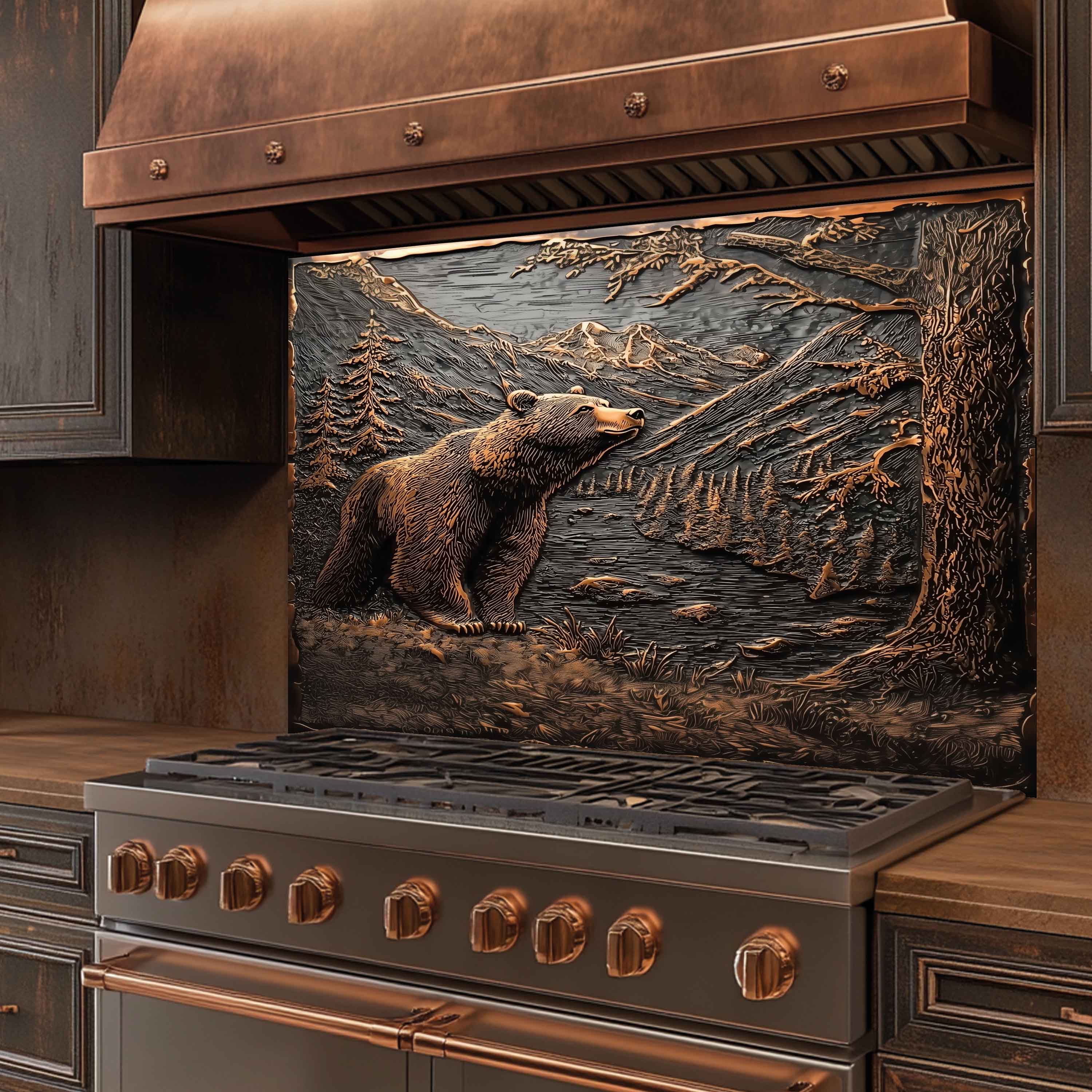 Mountain Whisper Tempered Glass Backsplash – Bear in Forest Kitchen Backsplash Panel