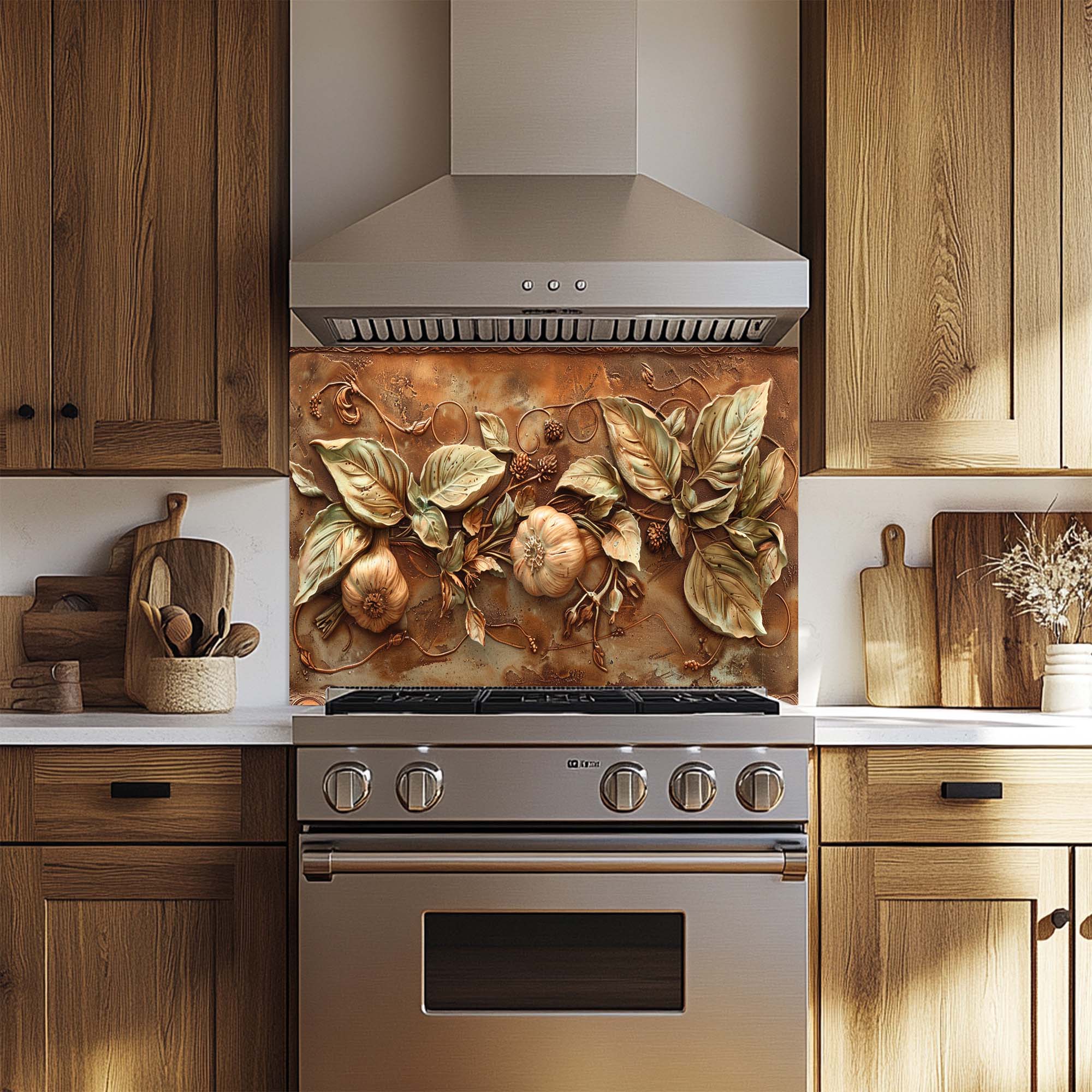 Golden Harvest Relief Tempered Glass Backsplash for Kitchen | Tuscan Garlic Backsplash