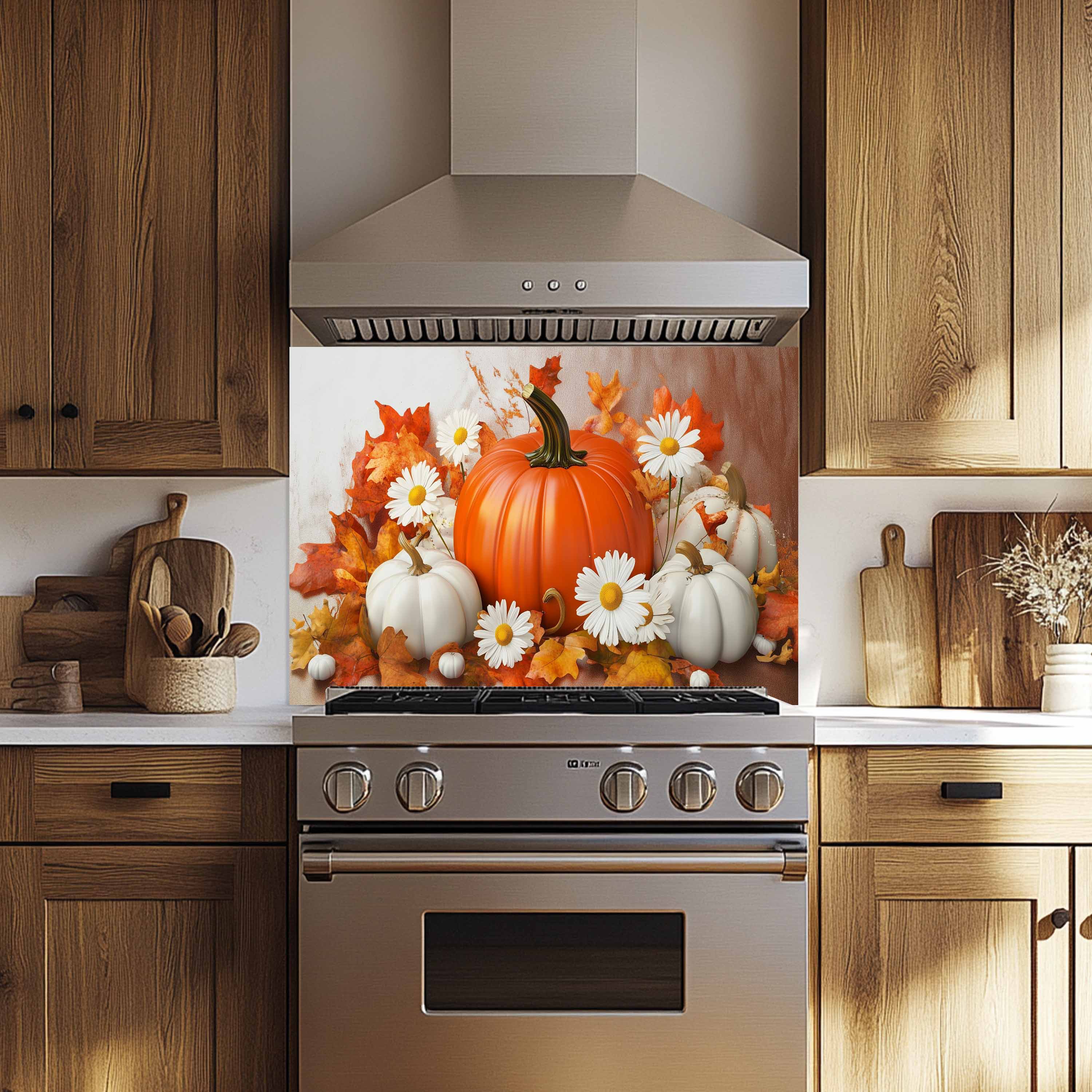 Pumpkin Bloom Tempered Glass Backsplash – Autumn Floral Kitchen Wall Art