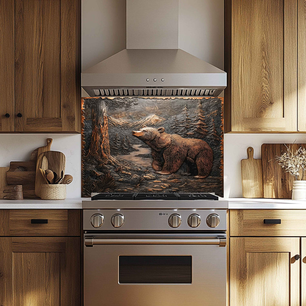 Forest Watch Tempered Glass Backsplash – Copper Bear & River Scene Splashback