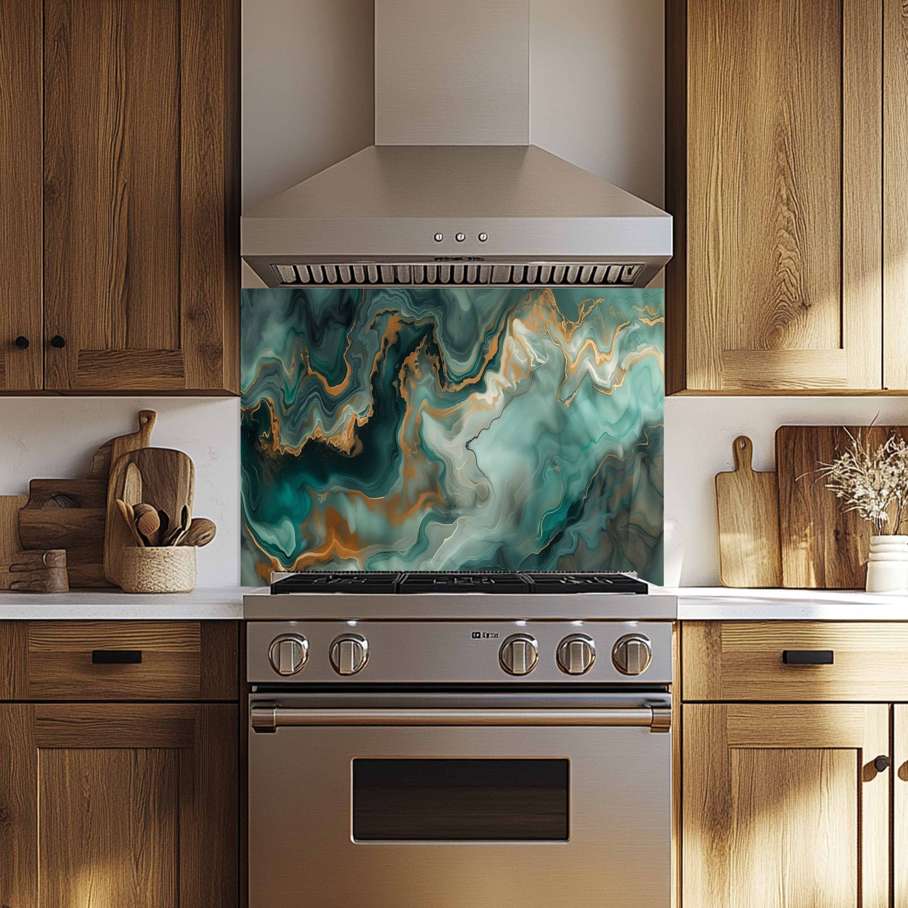 Glass Kitchen Backsplash – Emerald Marble Gold Fluid Art Panel