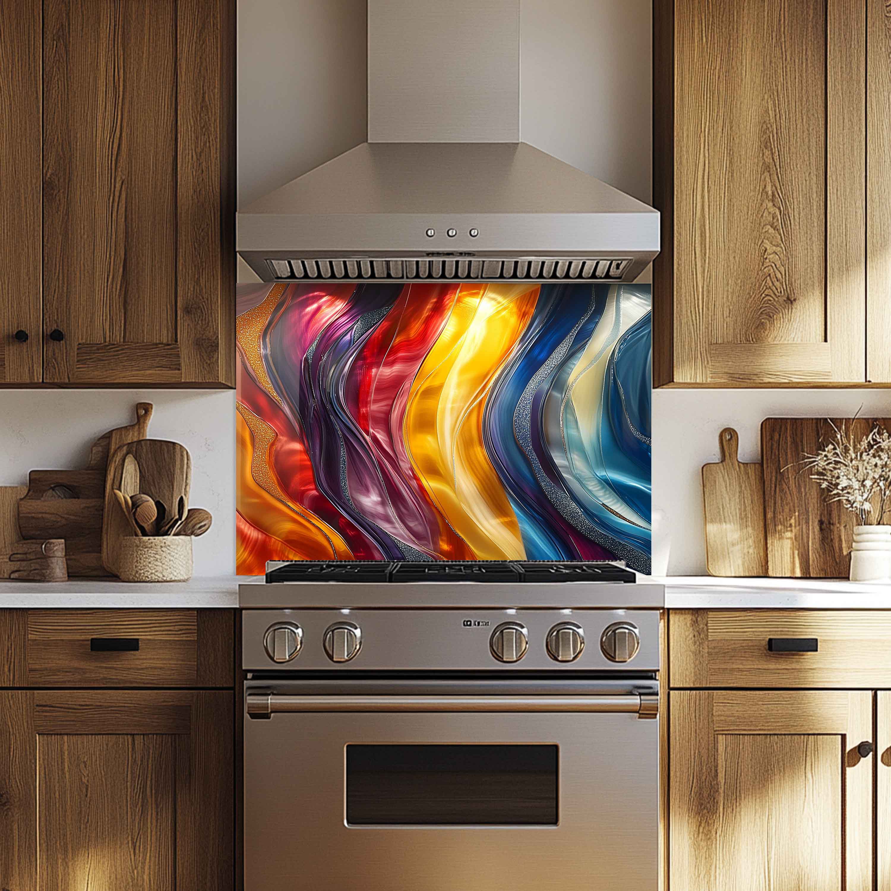 Aurora Waves Salpicadero de cristal templado – Panel de pared de cocina moderno abstracto personalizado