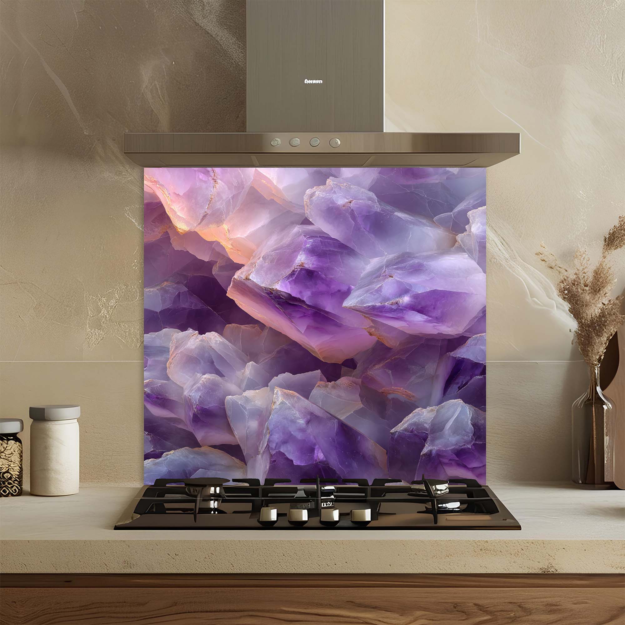 Amethyst Aura – Tempered Glass Backsplash for Kitchen | Spiritual Luxe Design Backsplash