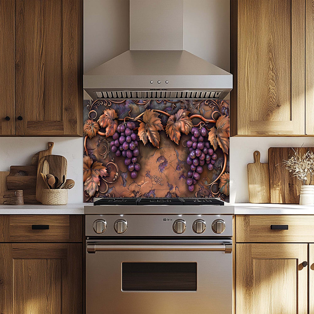 Tuscan Grape – Tempered Glass Backsplash for Kitchen | Copper Look Vineyard Backsplash