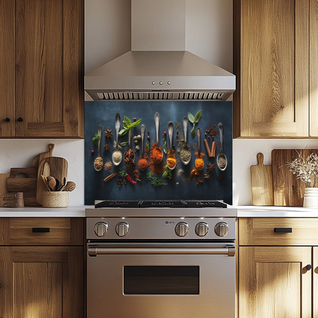 Culinary Symphony Tempered Glass Backsplash – Spice Art Kitchen Wall Decor