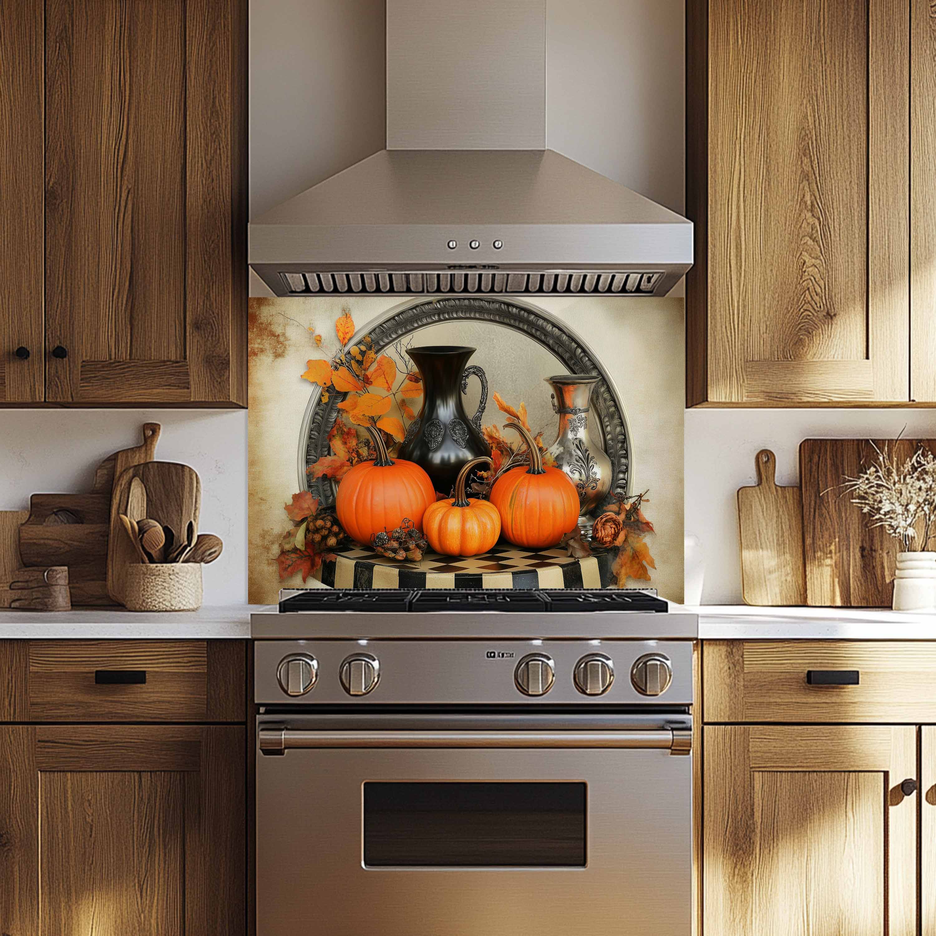 Autumn Harvest Tempered Glass Backsplash – Vintage Pumpkin Kitchen Wall Art