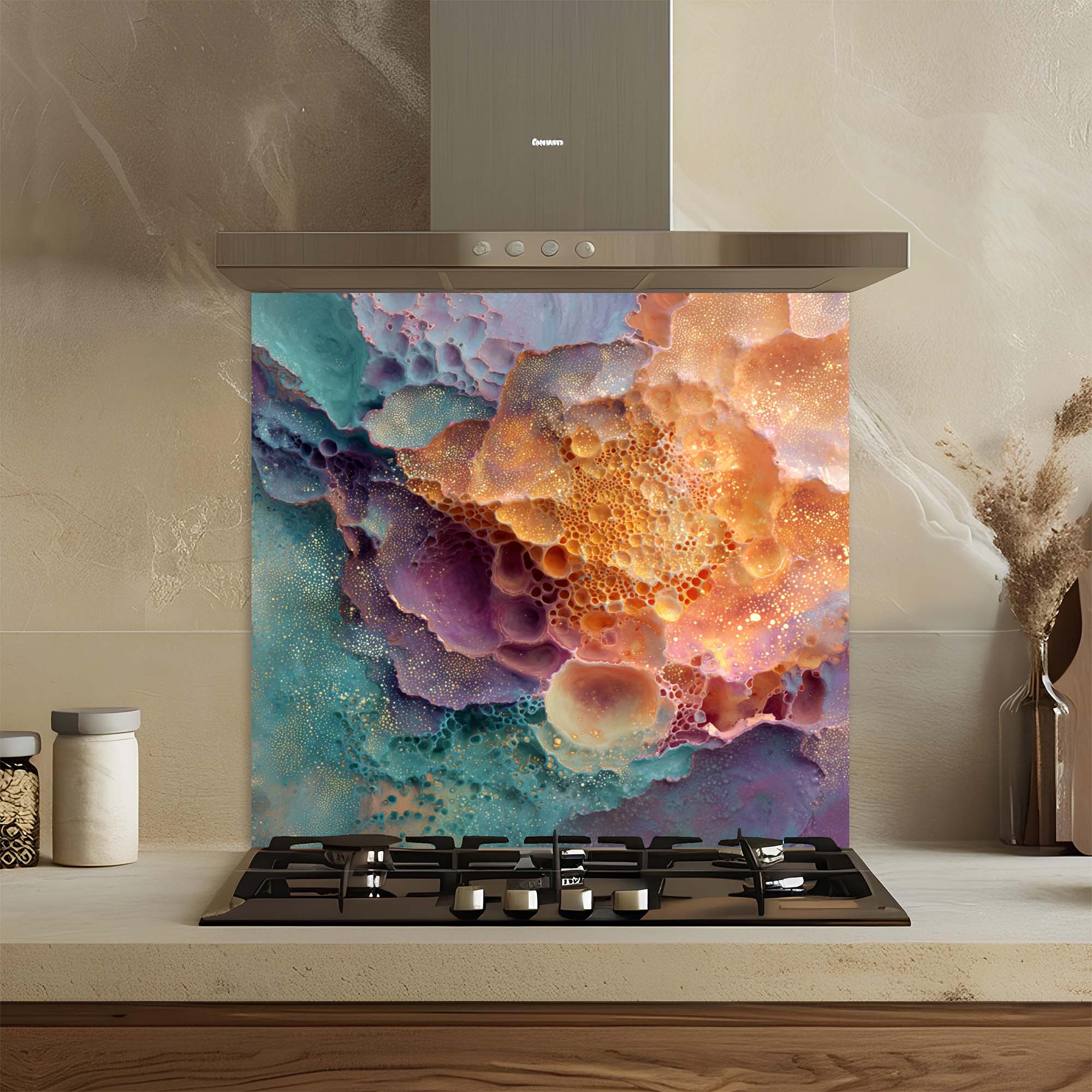 Espuma Cósmica – Salpicadero de cristal templado para cocina | Salpicadero de explosión de color Nebulosa