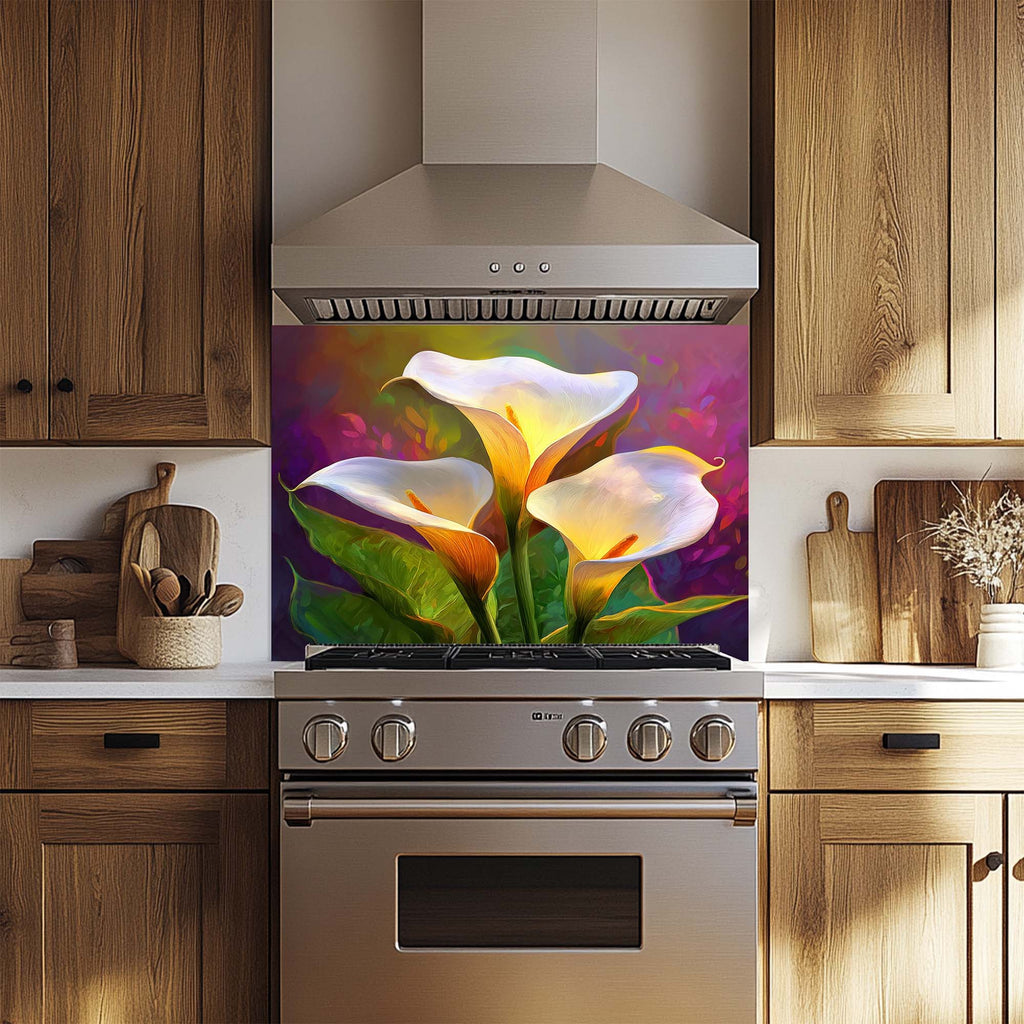Luminous Calla Bloom – Tempered Glass Backsplash for Kitchen | Glowing Floral Backsplash