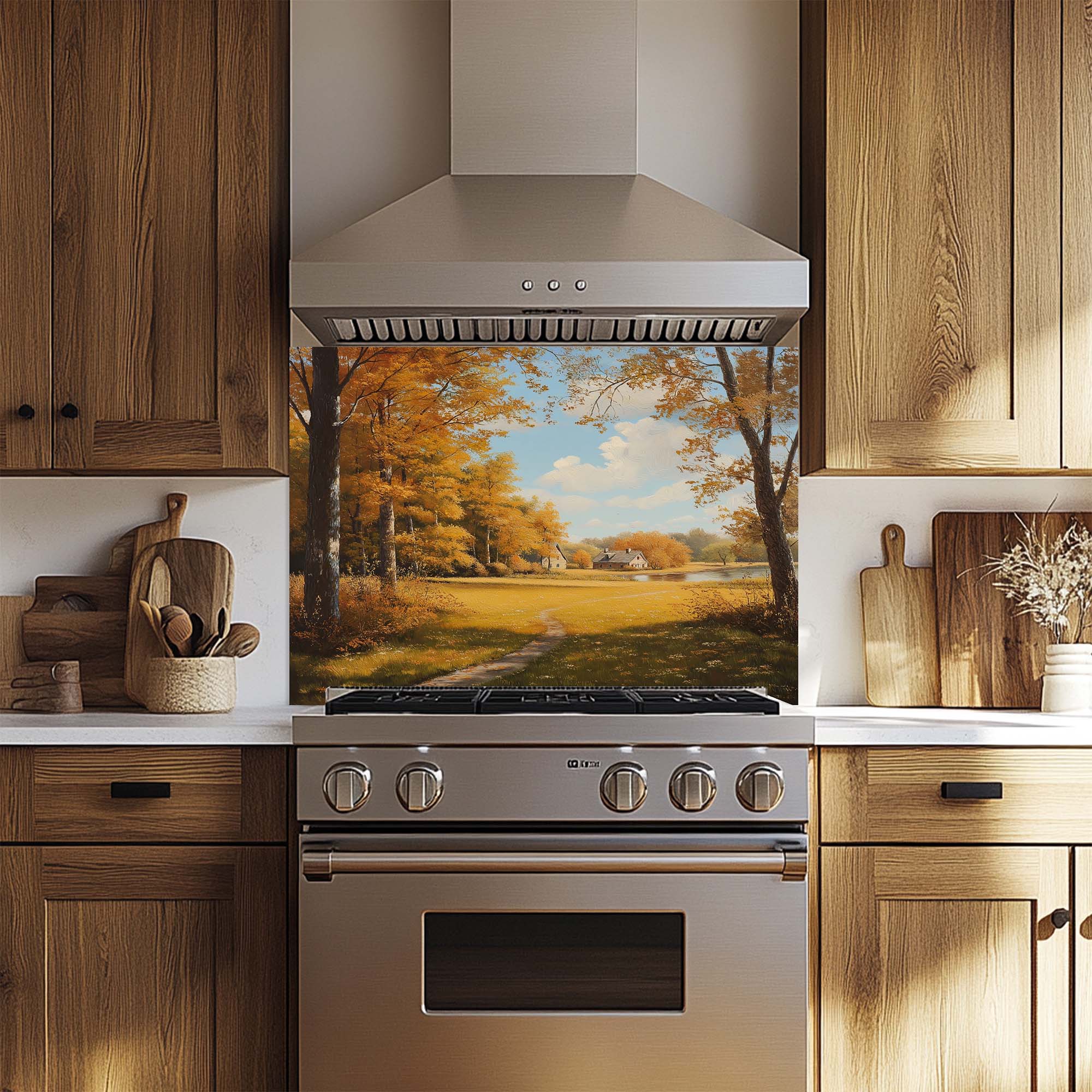 Amber Haven – Tempered Glass Backsplash for Kitchen | Autumn Cottage Landscape Backsplash