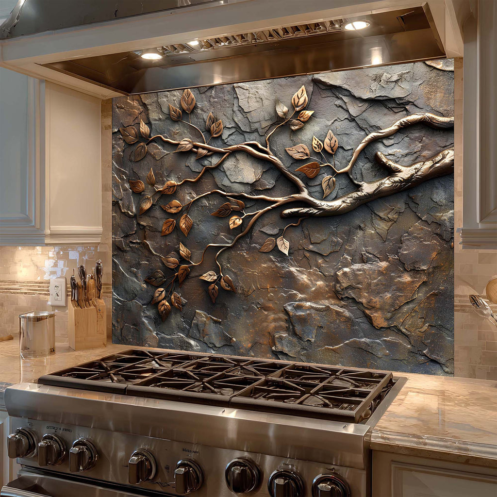 Custom Kitchen Backsplash – Bronze Branches Tempered Glass Stove Backsplash