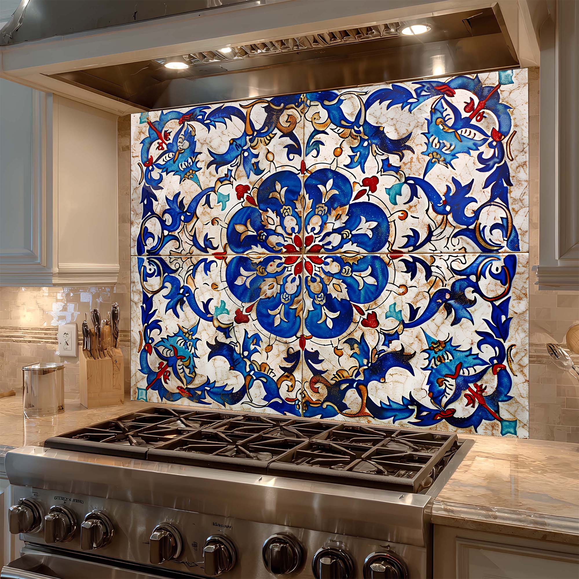 Custom Kitchen Backsplash – Ottoman Blue Tile Tempered Glass Stove Backsplash