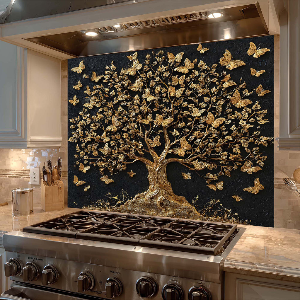 Custom Kitchen Backsplash – Golden Whisper Tempered Glass Stove Backsplash