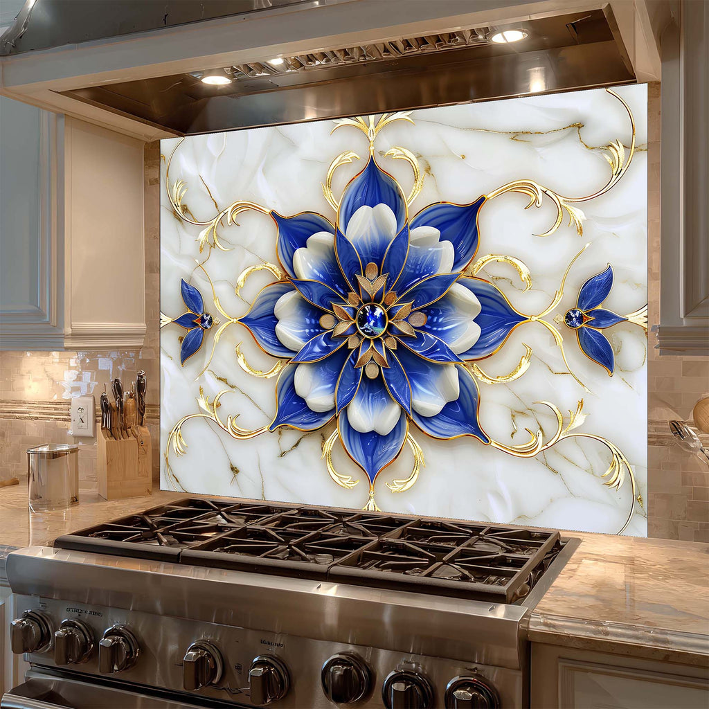 Salpicadero de cristal templado para cocina – Royal Blue Blossom Salpicadero personalizado