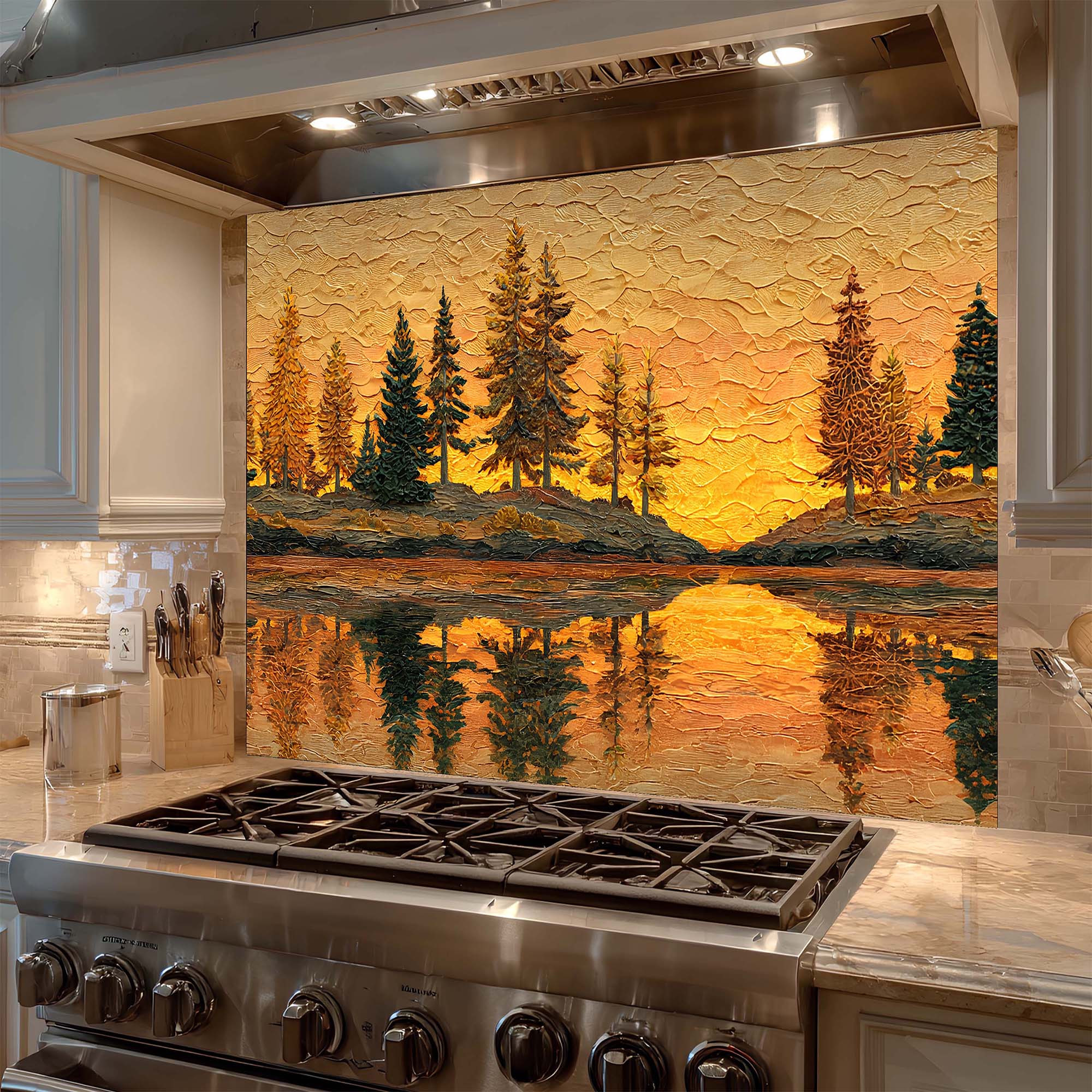 Custom Kitchen Backsplash – Golden Sunset Forest Tempered Glass Backsplash