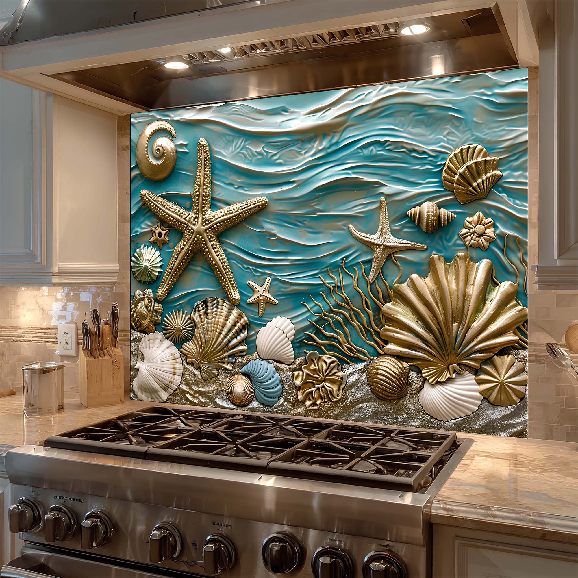 Custom Kitchen Backsplash – Ocean Serenity Tempered Glass Stove Backsplash