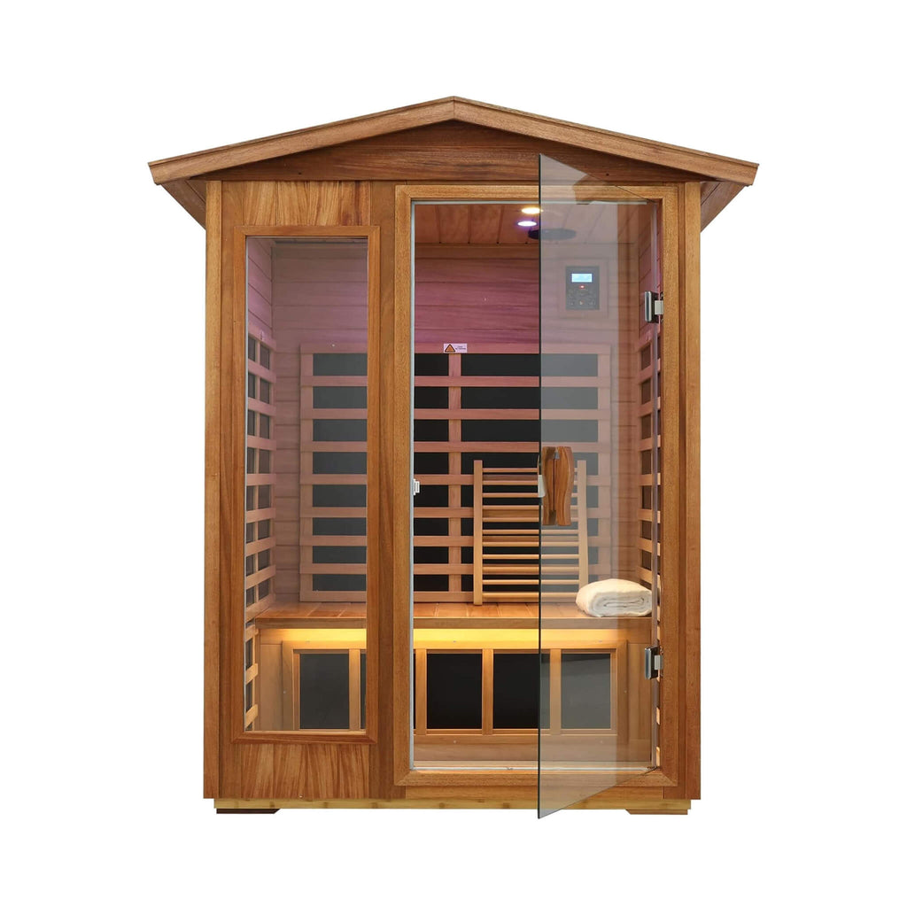 Sauna de infrarrojos exterior de caoba Thermora Ignis para 2 personas con EMF ultrabajo y altavoces Bluetooth (SAK43021)