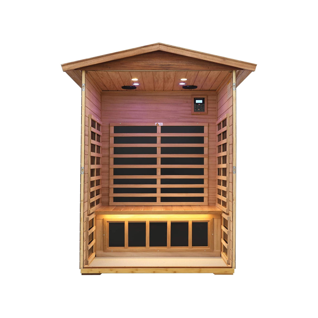 Sauna de infrarrojos exterior de caoba Thermora Ignis para 2 personas con EMF ultrabajo y altavoces Bluetooth (SAK43021)