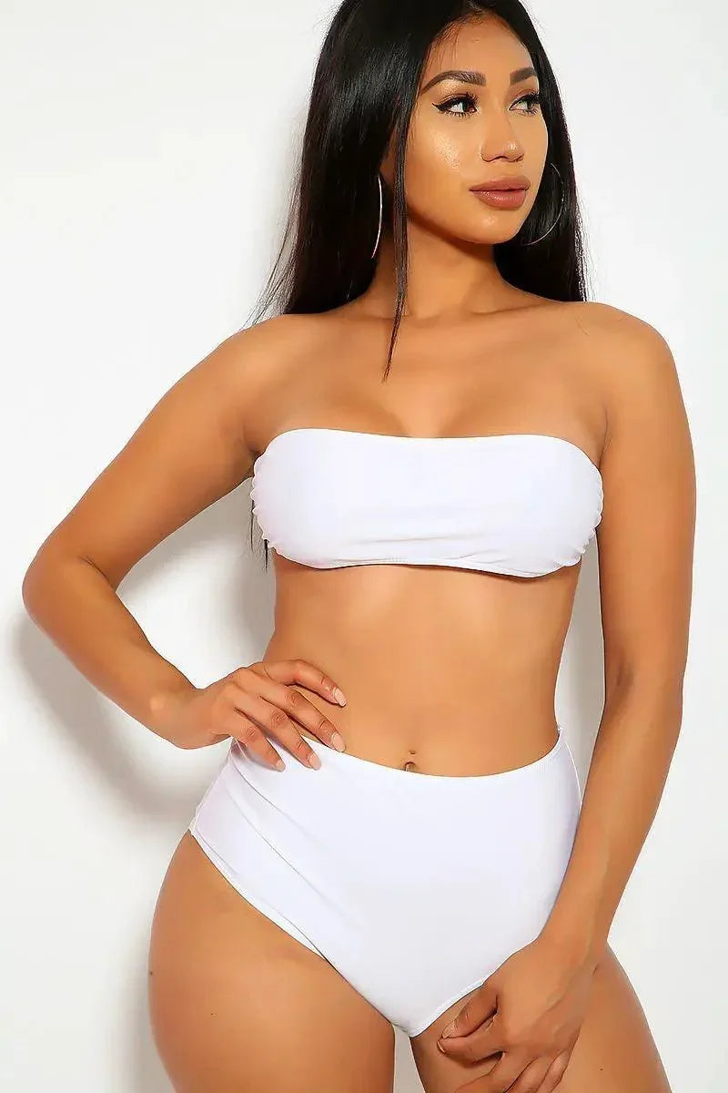White Bandeau High Waisted 2 Pc. Swimsuit