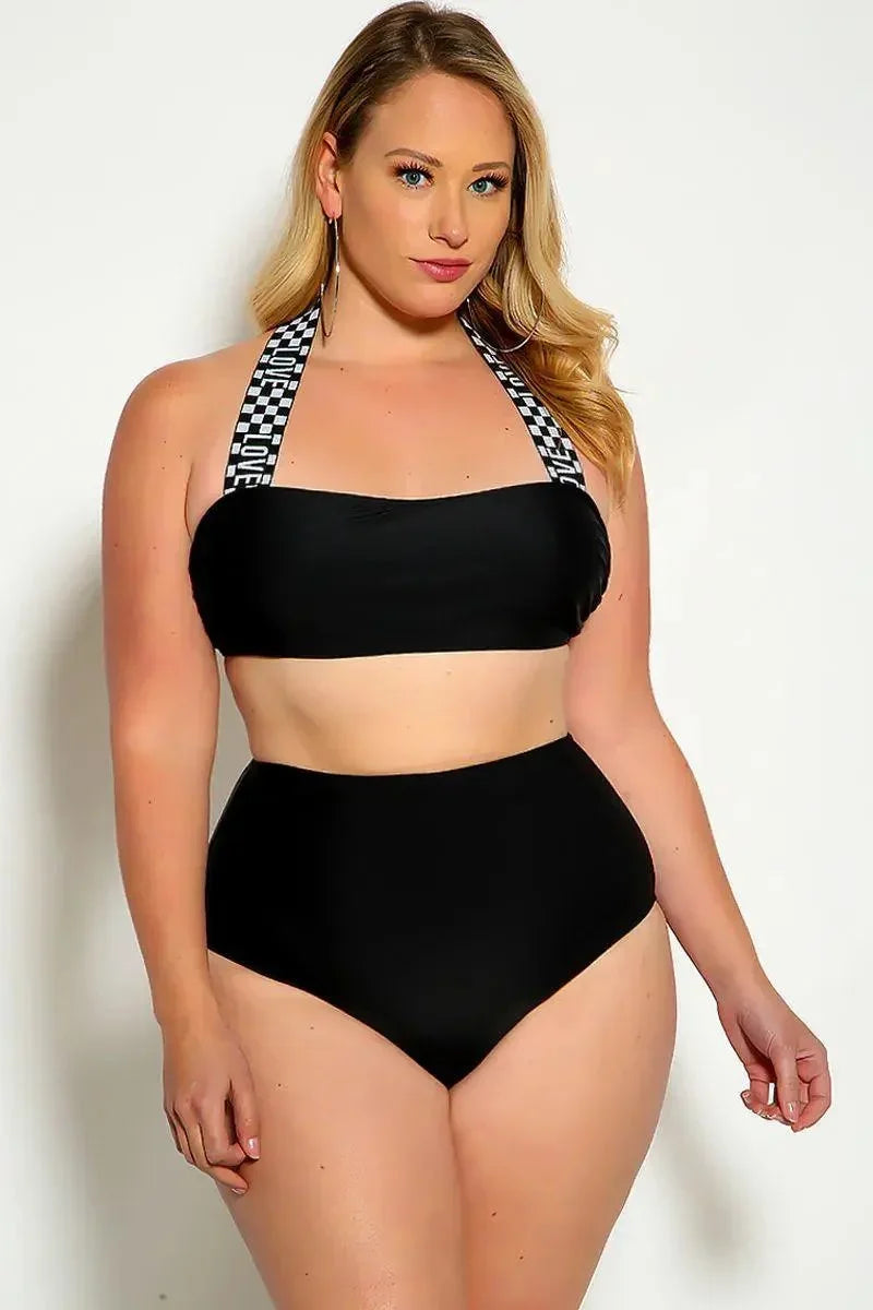 White Black Love Print Halter Bandeau High Waist Plus Size Swimsuit