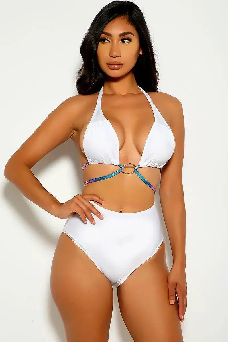 White Blue Purple O-ring Two Piece Swimsuit