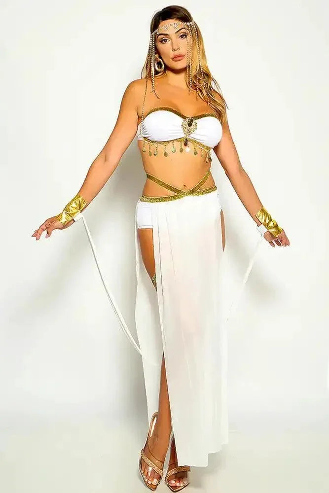 White Gold Embellished Rhinestone Fringe Goddess 5 Piece Costume