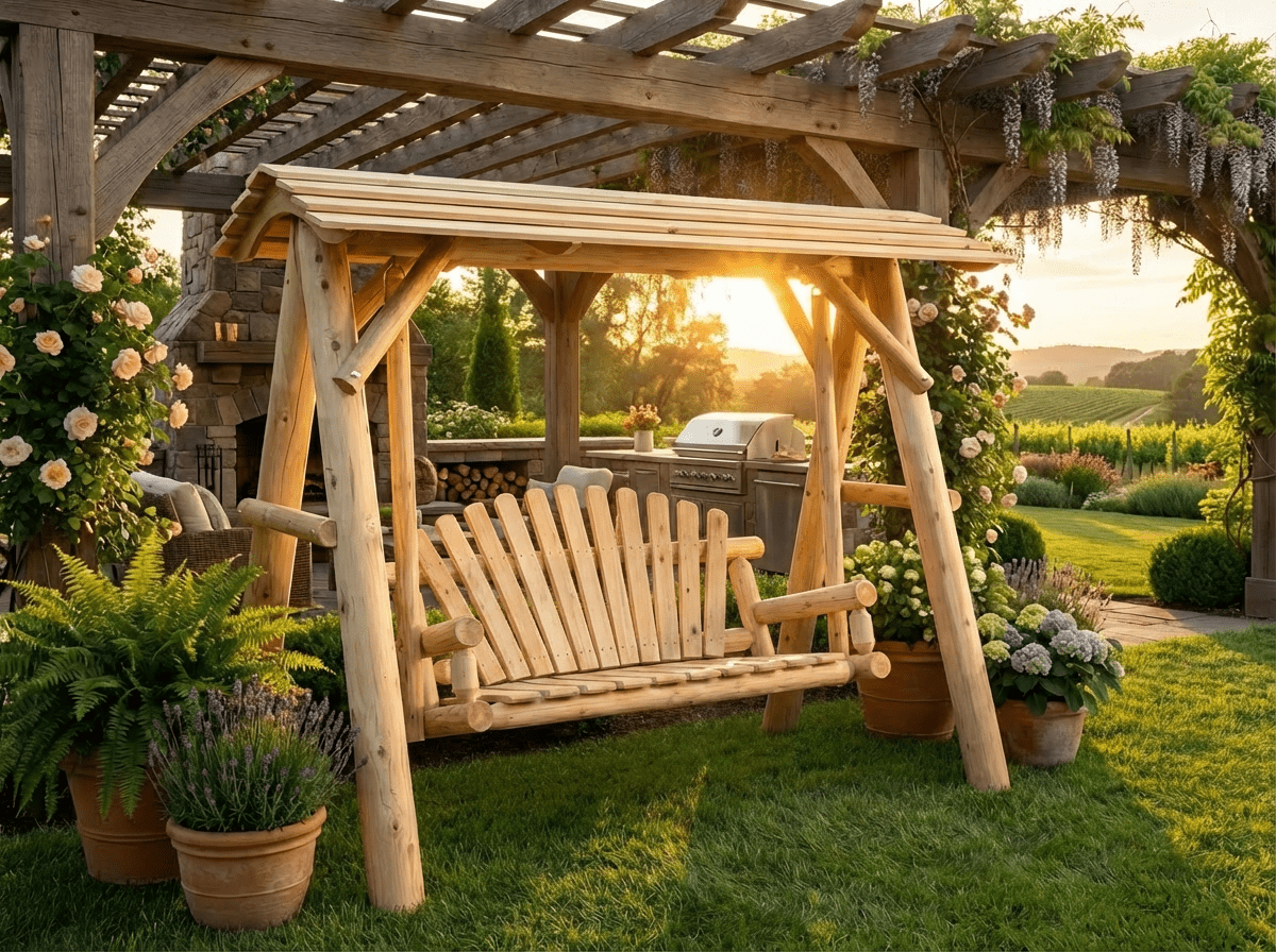 Columpio de madera con toldo para porche