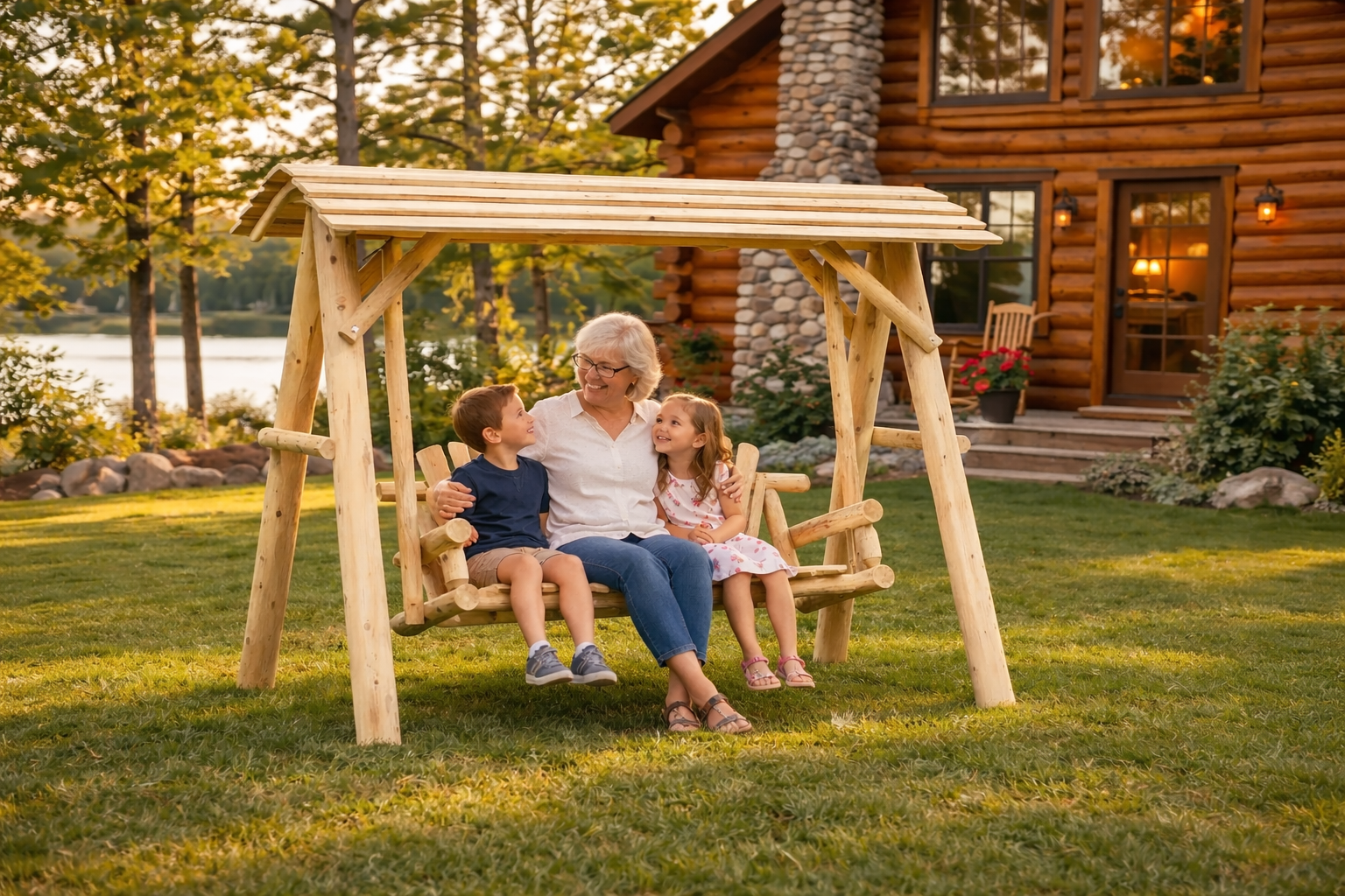 Columpio de madera con toldo para porche