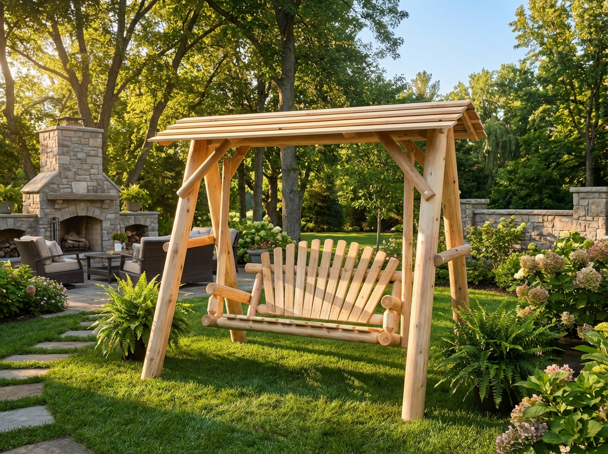 Columpio de madera con toldo para porche