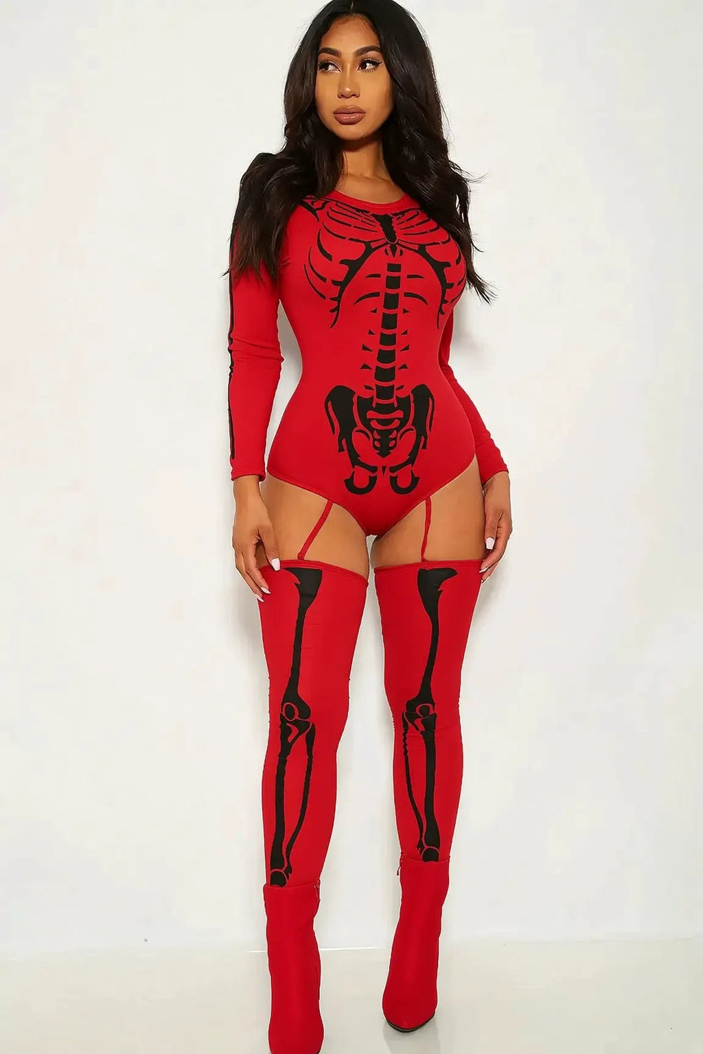 Sexy Bone-A-Fide Skeleton Red Long Sleeve Bodysuit 3 Pc Costume