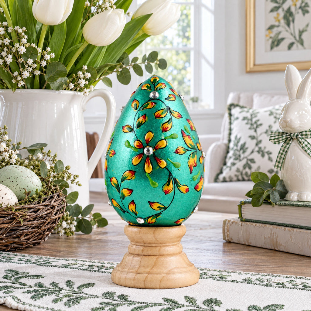 Jeweled Green Flowers Wooden Easter Egg