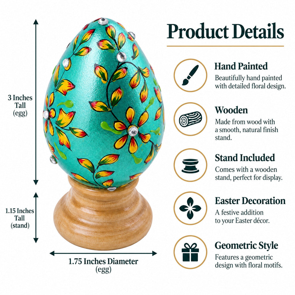 Jeweled Green Flowers Wooden Easter Egg